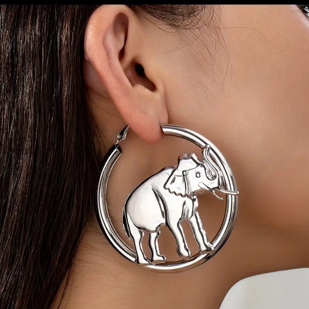 Silver Elephant Hoop Earrings